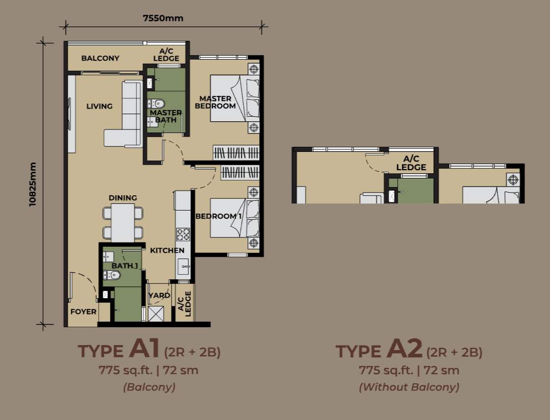 The Aldenz Type A floor plan — 2 bedroom 775 sqft