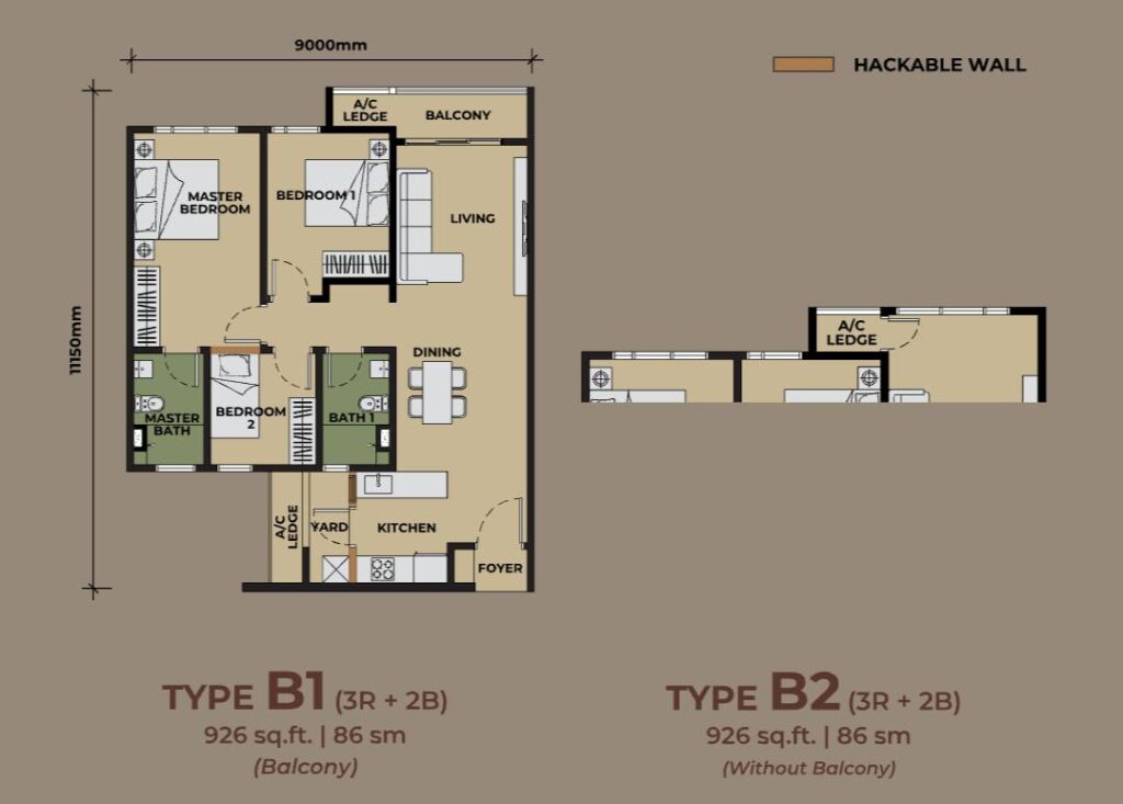 The Aldenz Type B floor plan — 3 bedroom 926 sqft