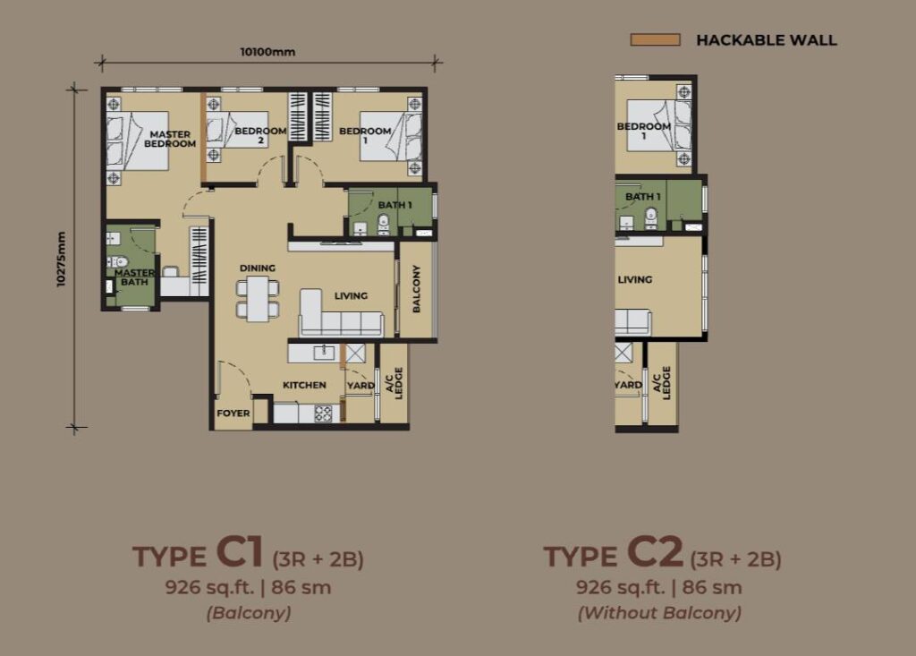 The Aldenz Type C floor plan — 3 bedroom 926 sqft