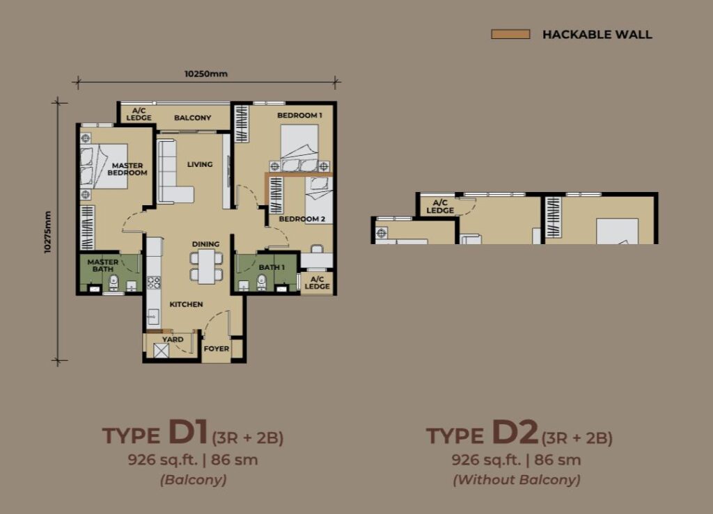 The Aldenz Type D floor plan — 3 bedroom 926 sqft