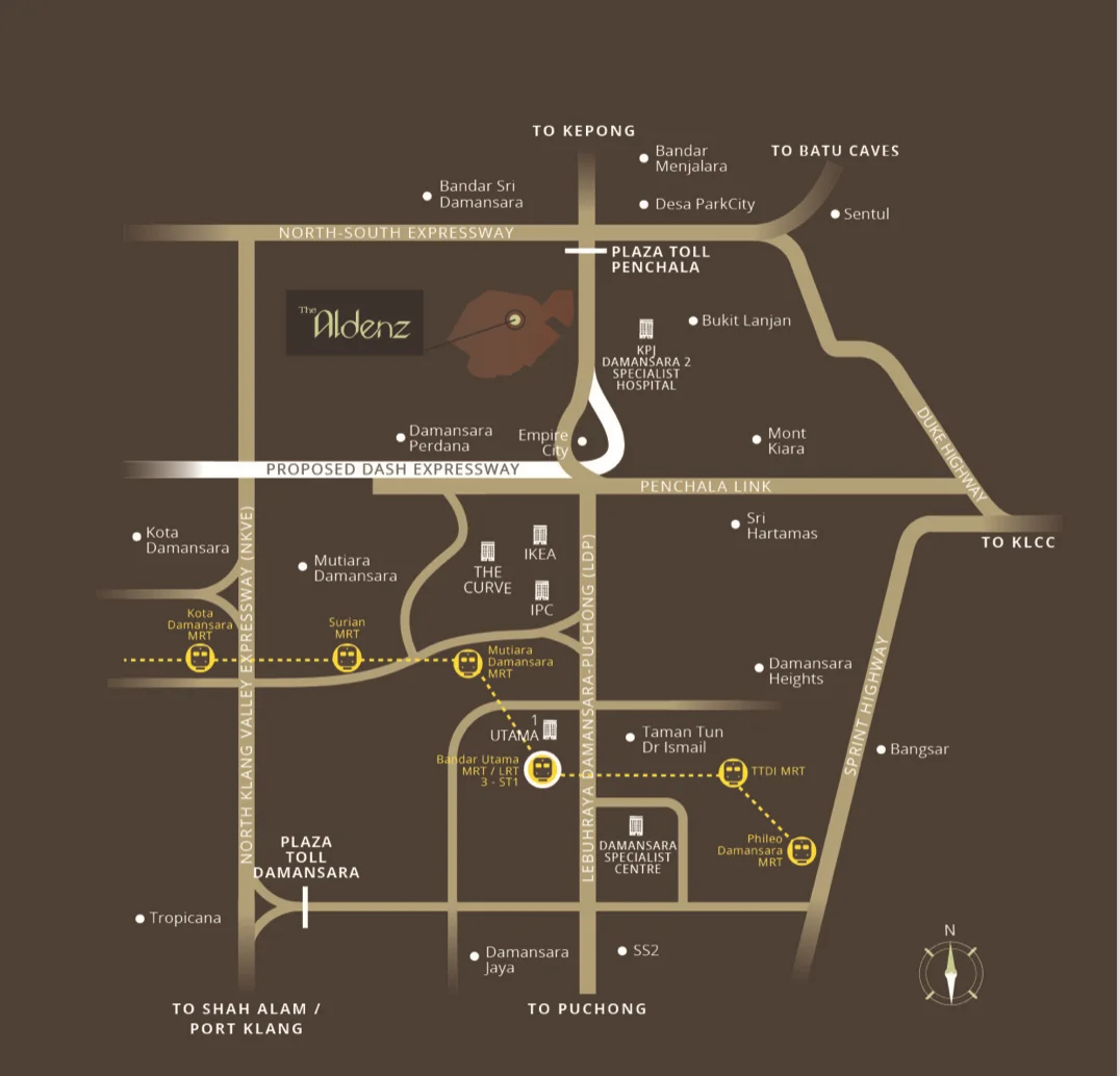 The Aldenz location map showing proximity to MRT stations and shopping malls in Damansara